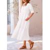 imagePRETTYGARDEN Womens Summer Long Dress Short Sleeve Lapel Casual Ruffle Flowy Maxi Dresses Solid WhiteSmall