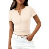 imagePRETTYGARDEN Henley Shirts for Women 2026 Summer Short Sleeve Tops V Neck Basic Tees Fitted Ribbed Button Up Work ShirtsBeige