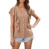 imagePRETTYGARDEN Womens 2024 Summer Cute Tops Ruffle Cap Sleeve V Neck Loose Fit Blouses Dressy Casual Fashion Ladies Shirts Light KhakiMedium