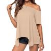 imagePRETTYGARDEN Womens Off The Shoulder Summer Tops Short Sleeve Tunic Blouse 2026 Casual Spring Asymmetrical Oversized TshirtsBeige