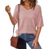 imagePRETTYGARDEN Womens Short Sleeve Sweater Tops 2026 Spring Summer Casual V Neck Ribbed Knit Trendy Eyelet Blouse T ShirtsPink