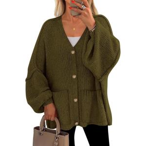imagePRETTYGARDEN Fall Chunky Cardigan Sweaters for Women 2026 Button Long Lantern Sleeve Knit Oversized Coats with PocketsArmy Green