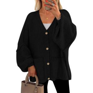 imagePRETTYGARDEN Fall Chunky Cardigan Sweaters for Women 2026 Button Long Lantern Sleeve Knit Oversized Coats with PocketsBlack