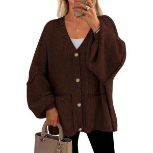imagePRETTYGARDEN Fall Chunky Cardigan Sweaters for Women 2026 Button Long Lantern Sleeve Knit Oversized Coats with PocketsBrown