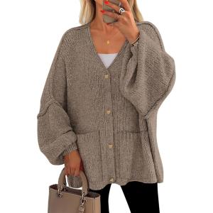 imagePRETTYGARDEN Fall Chunky Cardigan Sweaters for Women 2026 Button Long Lantern Sleeve Knit Oversized Coats with PocketsDark Khaki