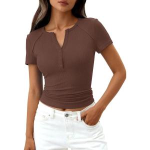imagePRETTYGARDEN Henley Shirts for Women 2026 Summer Short Sleeve Tops V Neck Basic Tees Fitted Ribbed Button Up Work ShirtsBrown