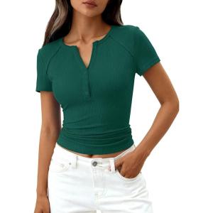 imagePRETTYGARDEN Henley Shirts for Women 2026 Summer Short Sleeve Tops V Neck Basic Tees Fitted Ribbed Button Up Work ShirtsDark Green