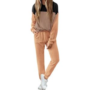 imagePRETTYGARDEN Lounge Sets for Women Fall 2024 Matching Sets 2 Piece Outfit Long Sleeve Ribbed Color Block Sweatsuits