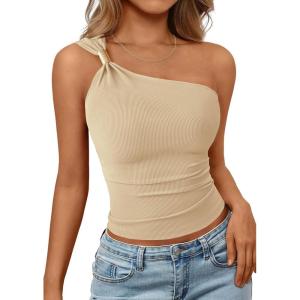 imagePRETTYGARDEN One Shoulder Going Out Tops for Women Trendy 2026 Summer Y2K Clothes Sleeveless Fitted Spring Fashion ShirtsApricot