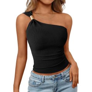 imagePRETTYGARDEN One Shoulder Going Out Tops for Women Trendy 2026 Summer Y2K Clothes Sleeveless Fitted Spring Fashion ShirtsBlack