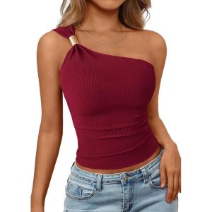imagePRETTYGARDEN One Shoulder Going Out Tops for Women Trendy 2026 Summer Y2K Clothes Sleeveless Fitted Spring Fashion ShirtsBurgundy