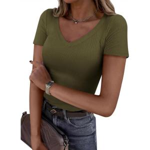 imagePRETTYGARDEN Women 2026 Spring Tops Trendy Ribbed Short Sleeve V Neck Fitted Basic Tee Shirts Casual Going Out Summer OutfitsArmy Green