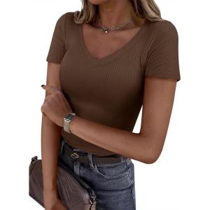 imagePRETTYGARDEN Women 2026 Spring Tops Trendy Ribbed Short Sleeve V Neck Fitted Basic Tee Shirts Casual Going Out Summer OutfitsBrown
