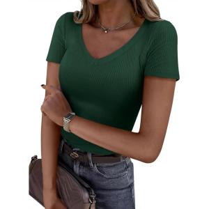 imagePRETTYGARDEN Women 2026 Spring Tops Trendy Ribbed Short Sleeve V Neck Fitted Basic Tee Shirts Casual Going Out Summer OutfitsDark Green