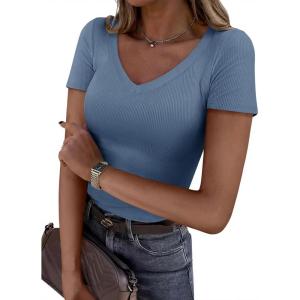 imagePRETTYGARDEN Women 2026 Spring Tops Trendy Ribbed Short Sleeve V Neck Fitted Basic Tee Shirts Casual Going Out Summer OutfitsDusty Blue