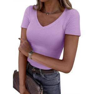 imagePRETTYGARDEN Women 2026 Spring Tops Trendy Ribbed Short Sleeve V Neck Fitted Basic Tee Shirts Casual Going Out Summer OutfitsPurple