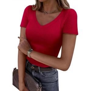 imagePRETTYGARDEN Women 2026 Spring Tops Trendy Ribbed Short Sleeve V Neck Fitted Basic Tee Shirts Casual Going Out Summer OutfitsRed