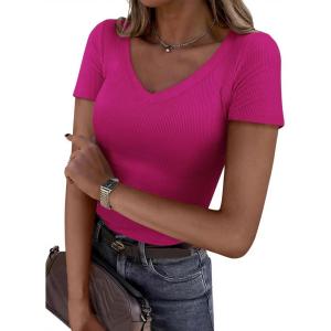 imagePRETTYGARDEN Women 2026 Spring Tops Trendy Ribbed Short Sleeve V Neck Fitted Basic Tee Shirts Casual Going Out Summer OutfitsRose Red