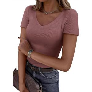 imagePRETTYGARDEN Women 2026 Spring Tops Trendy Ribbed Short Sleeve V Neck Fitted Basic Tee Shirts Casual Going Out Summer OutfitsTaupe