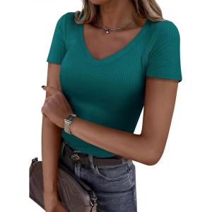 imagePRETTYGARDEN Women 2026 Spring Tops Trendy Ribbed Short Sleeve V Neck Fitted Basic Tee Shirts Casual Going Out Summer OutfitsTeal