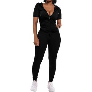 imagePRETTYGARDEN Womens 2 Piece Outfits Short Sleeve Zip Up Hoodie Tops Long Pants Bodycon Sweatsuit Tracksuit Sets BlackMedium