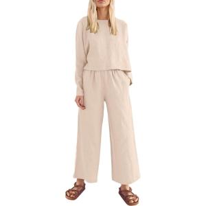 imagePRETTYGARDEN Womens 2024 Fall 2 Piece Outfit Tracksuits Casual Linen Long Sleeve Tops And Wide Leg Pants Lounge Sets BeigeLarge