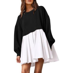 imagePRETTYGARDEN Womens 2024 Fall Oversized Sweatshirt Dress Long Sleeve Crewneck Pullover Mini Dresses Black WhiteMedium