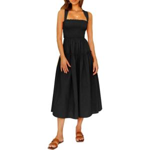 imagePRETTYGARDEN Womens 2024 Summer Maxi Dress Halter Neck Backless Ruffle Smocked Casual Long Flowy Boho Dresses BlackSmall