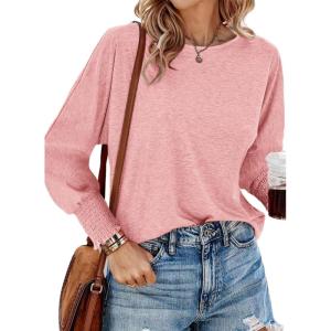 imagePRETTYGARDEN Womens 2025 Spring Fashion T Shirts Puff Long Sleeve Crewneck Casual Basic Tee Tops Blouses PinkMedium