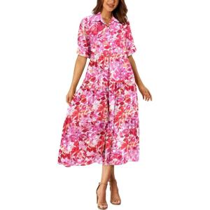 imagePRETTYGARDEN Womens Long Flowy Dress Casual Summer Short Sleeve V Neck Swing A Line Dresses Floral Pink RedLarge