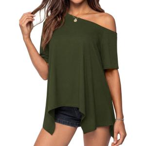 imagePRETTYGARDEN Womens Off The Shoulder Summer Tops Short Sleeve Tunic Blouse 2026 Casual Spring Asymmetrical Oversized TshirtsArmy Green