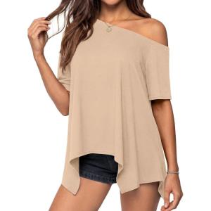 imagePRETTYGARDEN Womens Off The Shoulder Summer Tops Short Sleeve Tunic Blouse 2026 Casual Spring Asymmetrical Oversized TshirtsBeige