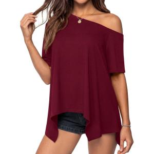 imagePRETTYGARDEN Womens Off The Shoulder Summer Tops Short Sleeve Tunic Blouse 2026 Casual Spring Asymmetrical Oversized TshirtsBurgundy