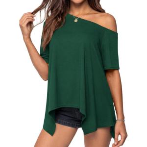 imagePRETTYGARDEN Womens Off The Shoulder Summer Tops Short Sleeve Tunic Blouse 2026 Casual Spring Asymmetrical Oversized TshirtsDark Green