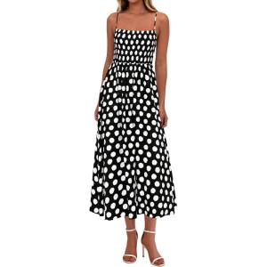 imagePRETTYGARDEN Womens Polka Dot Dress 2026 Summer Spaghetti Strap Smocked Sundress Beach Vacation Wedding Guest Midi DressesBlack