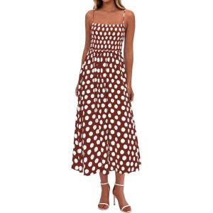 imagePRETTYGARDEN Womens Polka Dot Dress 2026 Summer Spaghetti Strap Smocked Sundress Beach Vacation Wedding Guest Midi DressesBrown