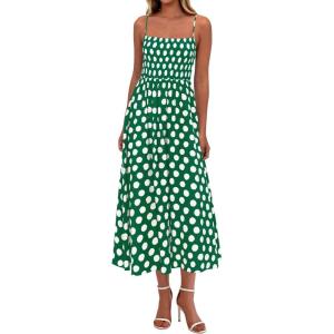 imagePRETTYGARDEN Womens Polka Dot Dress 2026 Summer Spaghetti Strap Smocked Sundress Beach Vacation Wedding Guest Midi DressesGreen
