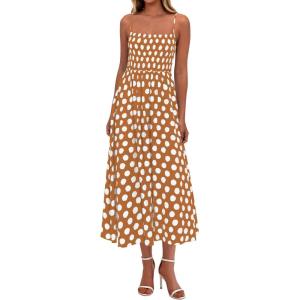 imagePRETTYGARDEN Womens Polka Dot Dress 2026 Summer Spaghetti Strap Smocked Sundress Beach Vacation Wedding Guest Midi DressesKhaki