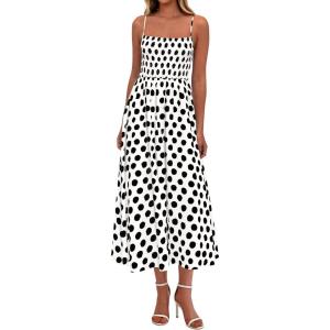 imagePRETTYGARDEN Womens Polka Dot Dress 2026 Summer Spaghetti Strap Smocked Sundress Beach Vacation Wedding Guest Midi DressesWhite