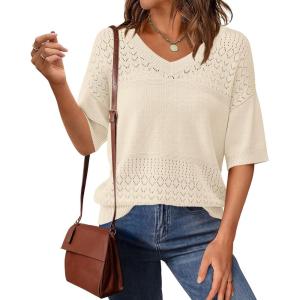 imagePRETTYGARDEN Womens Short Sleeve Sweater Tops 2026 Spring Summer Casual V Neck Ribbed Knit Trendy Eyelet Blouse T ShirtsApricot