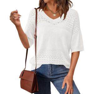 imagePRETTYGARDEN Womens Short Sleeve Sweater Tops 2026 Spring Summer Casual V Neck Ribbed Knit Trendy Eyelet Blouse T ShirtsBeige White