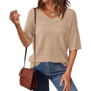 imagePRETTYGARDEN Womens Short Sleeve Sweater Tops 2026 Spring Summer Casual V Neck Ribbed Knit Trendy Eyelet Blouse T ShirtsDark Apricot