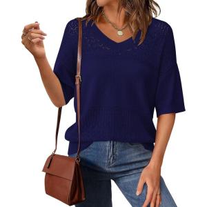 imagePRETTYGARDEN Womens Short Sleeve Sweater Tops 2026 Spring Summer Casual V Neck Ribbed Knit Trendy Eyelet Blouse T ShirtsDark Royal Blue