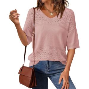 imagePRETTYGARDEN Womens Short Sleeve Sweater Tops 2026 Spring Summer Casual V Neck Ribbed Knit Trendy Eyelet Blouse T ShirtsPink