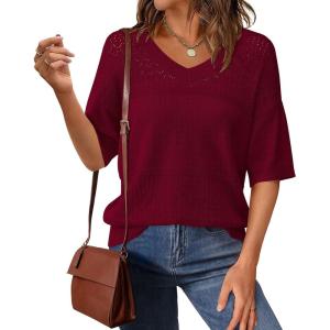 imagePRETTYGARDEN Womens Short Sleeve Sweater Tops 2026 Spring Summer Casual V Neck Ribbed Knit Trendy Eyelet Blouse T ShirtsWine Red