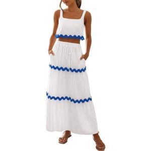 imagePRETTYGARDEN Womens Summer 2 Piece Beach Outfit Casual Sleeveless Cropped Tank Top High Waisted Maxi Skirt Set