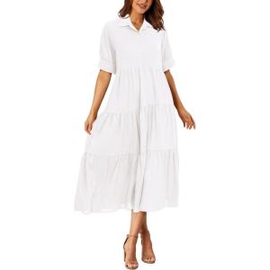 imagePRETTYGARDEN Womens Summer Long Dress Short Sleeve Lapel Casual Ruffle Flowy Maxi Dresses Solid WhiteSmall