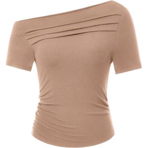 imagePRETTYGARDEN Womens Summer Trendy Y2K Crop Top Tee Casual Short Sleeve Asymmetrical Fitted Going Out T Shirts CamelLarge