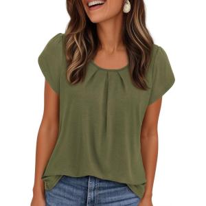 imagePRETTYGARDEN Womens Tops Dressy Casual Summer 2026 Short Sleeve Blouses Crew Neck Pleated Basic T Shirts Spring ClothesArmy Green