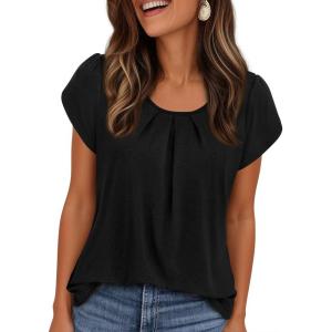 imagePRETTYGARDEN Womens Tops Dressy Casual Summer 2026 Short Sleeve Blouses Crew Neck Pleated Basic T Shirts Spring ClothesBlack